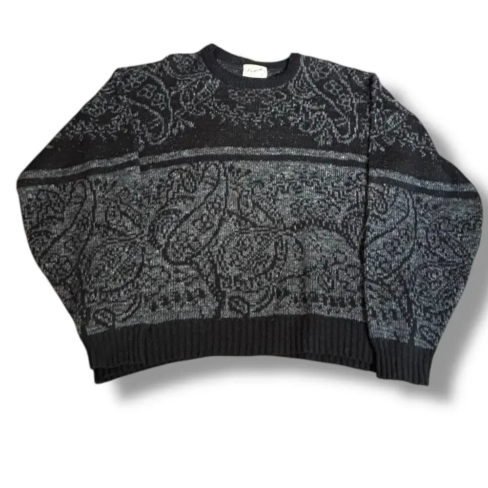 Vintage 90s Black Gray Floral Tapestry Knit Pullover Sweater Made in USA XL‎